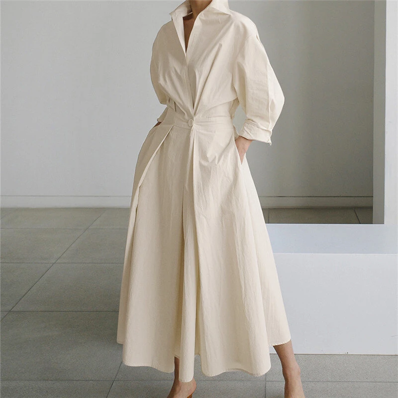 (image for)  Women Fashion Autumn Sundress Elegant Women Lapel Neck Long Sleeve Solid OL Vestidos Robe Femme Long Shirt Dress Oversized