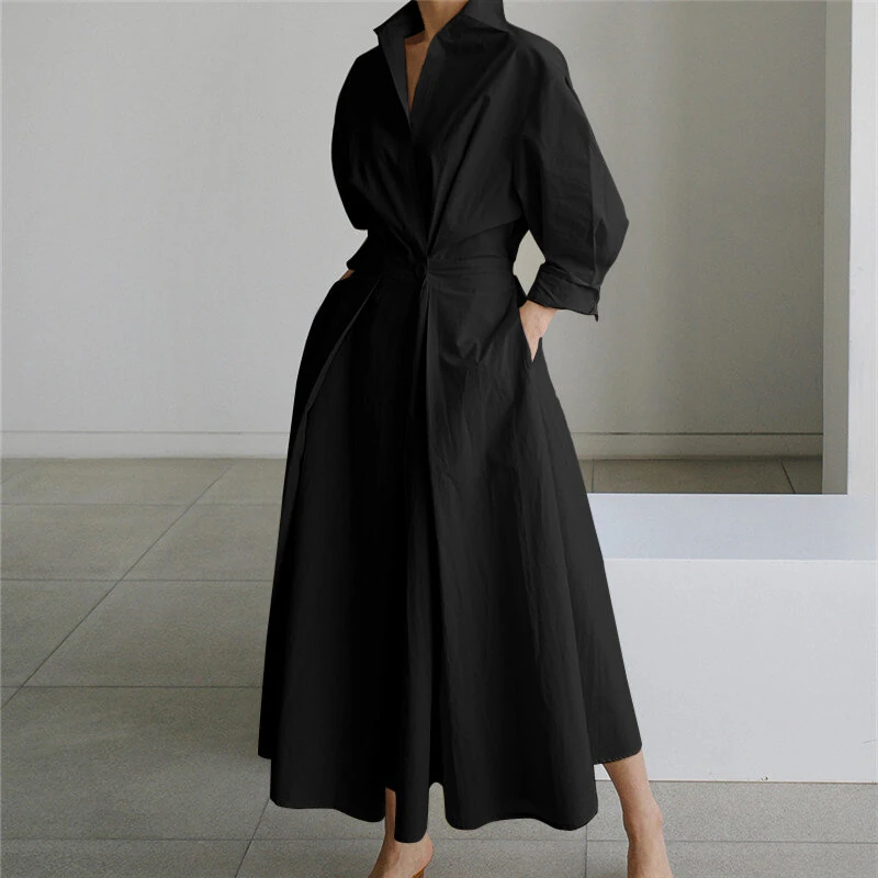 (image for)  Women Fashion Autumn Sundress Elegant Women Lapel Neck Long Sleeve Solid OL Vestidos Robe Femme Long Shirt Dress Oversized