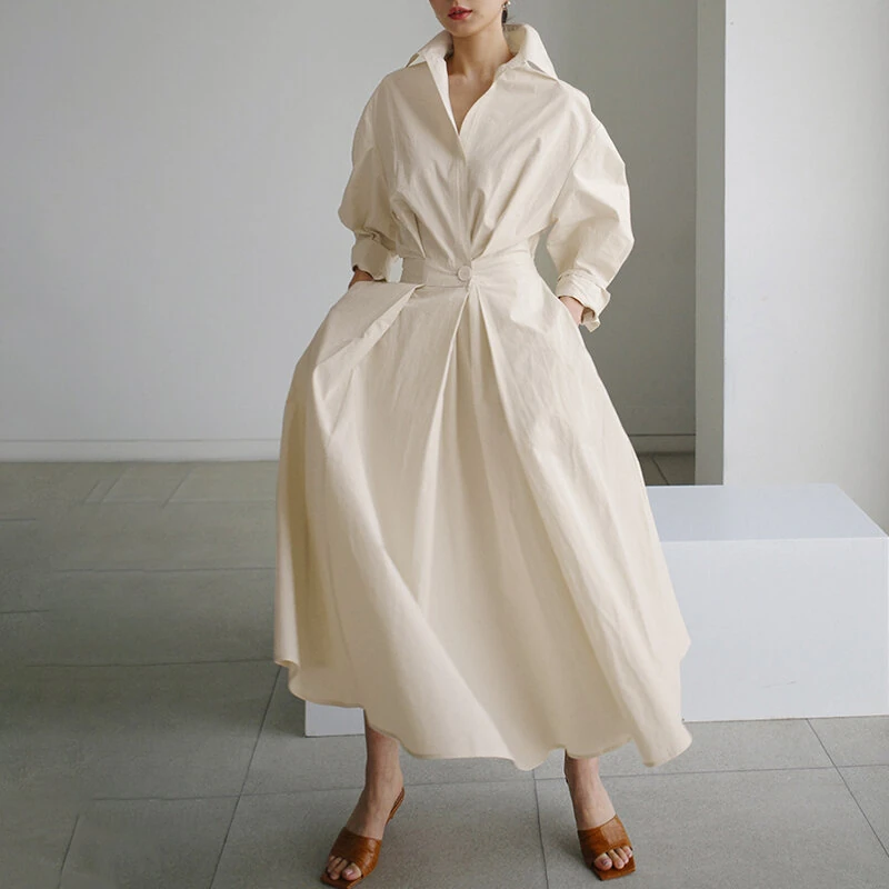 (image for)  Women Fashion Autumn Sundress Elegant Women Lapel Neck Long Sleeve Solid OL Vestidos Robe Femme Long Shirt Dress Oversized