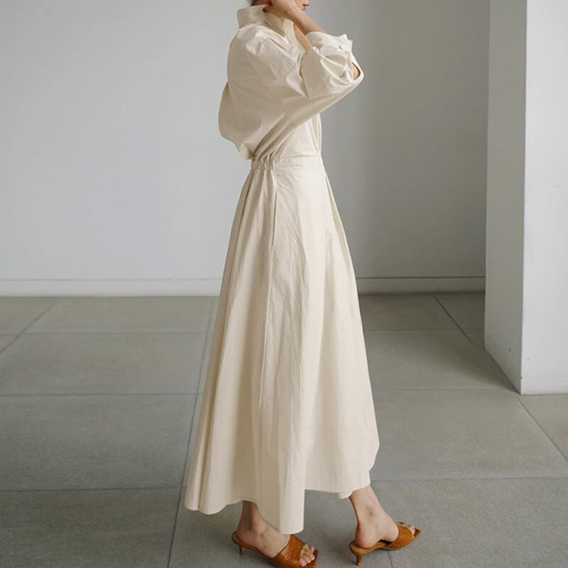 (image for)  Women Fashion Autumn Sundress Elegant Women Lapel Neck Long Sleeve Solid OL Vestidos Robe Femme Long Shirt Dress Oversized