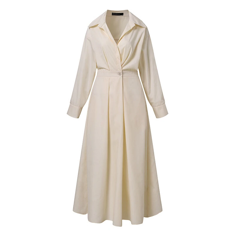 (image for)  Women Fashion Autumn Sundress Elegant Women Lapel Neck Long Sleeve Solid OL Vestidos Robe Femme Long Shirt Dress Oversized