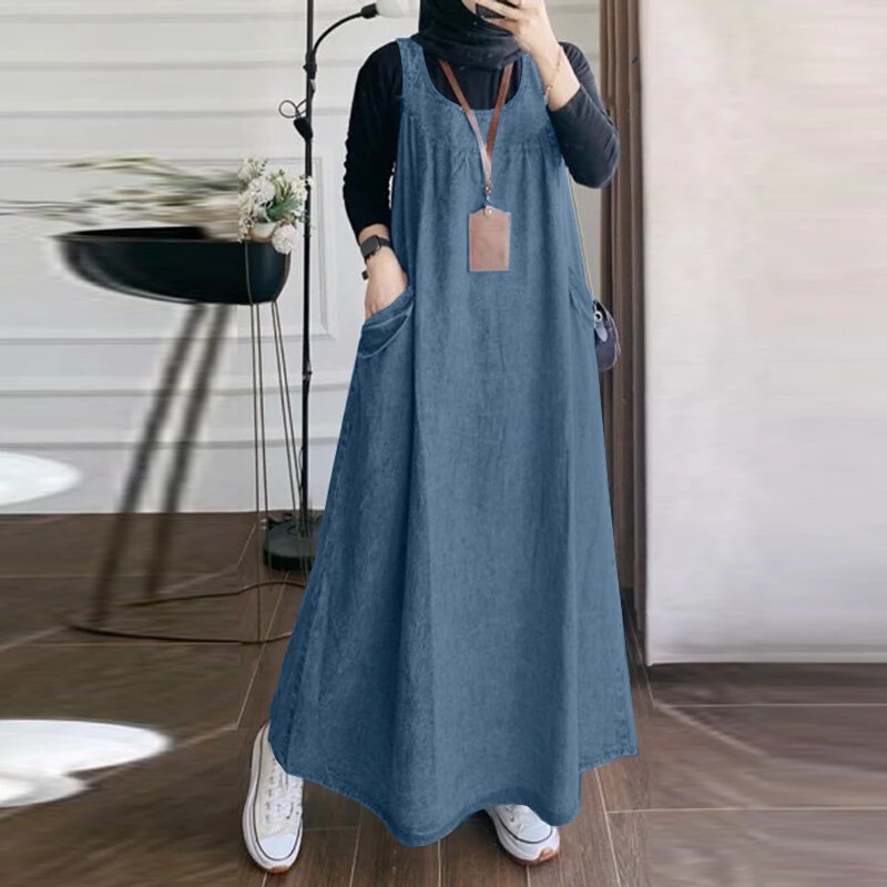 (image for)  Women Fashion Denim Overalls Dress Summer Sleeveless Casual Loose Sundress Solid Color Maxi Dress With Pockets