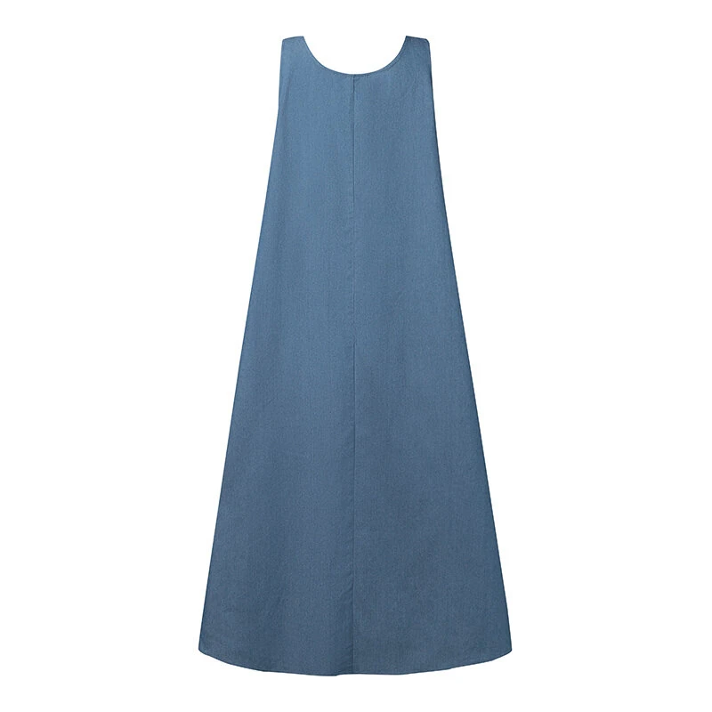 (image for)  Women Fashion Denim Overalls Dress Summer Sleeveless Casual Loose Sundress Solid Color Maxi Dress With Pockets