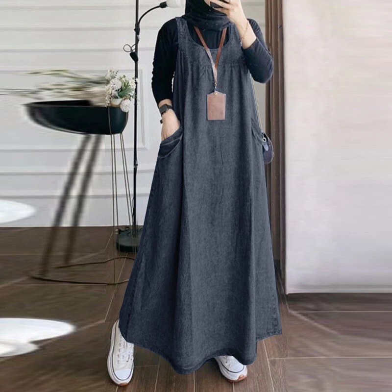 (image for)  Women Fashion Denim Overalls Dress Summer Sleeveless Casual Loose Sundress Solid Color Maxi Dress With Pockets