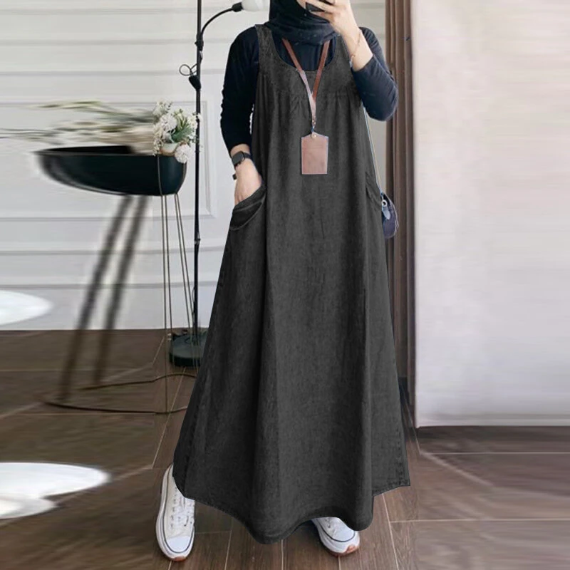 (image for)  Women Fashion Denim Overalls Dress Summer Sleeveless Casual Loose Sundress Solid Color Maxi Dress With Pockets