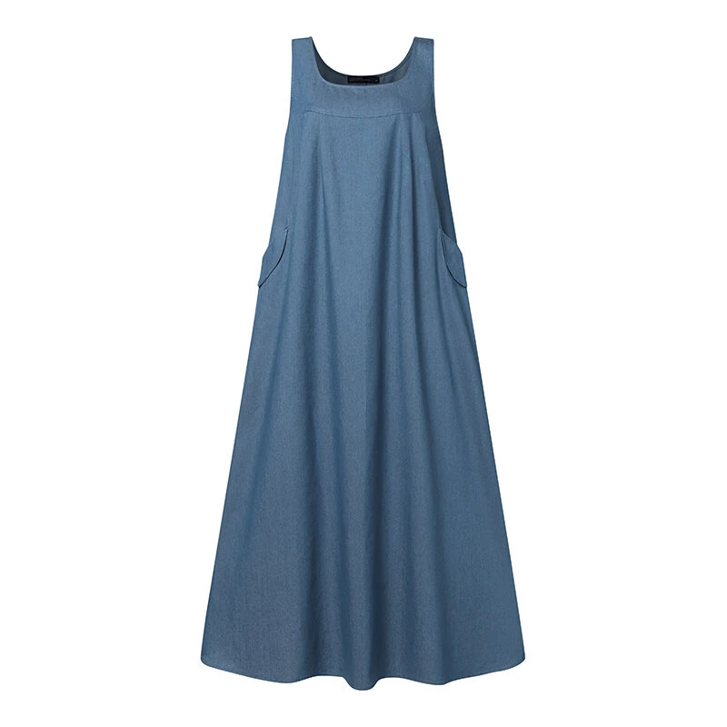 (image for)  Women Fashion Denim Overalls Dress Summer Sleeveless Casual Loose Sundress Solid Color Maxi Dress With Pockets