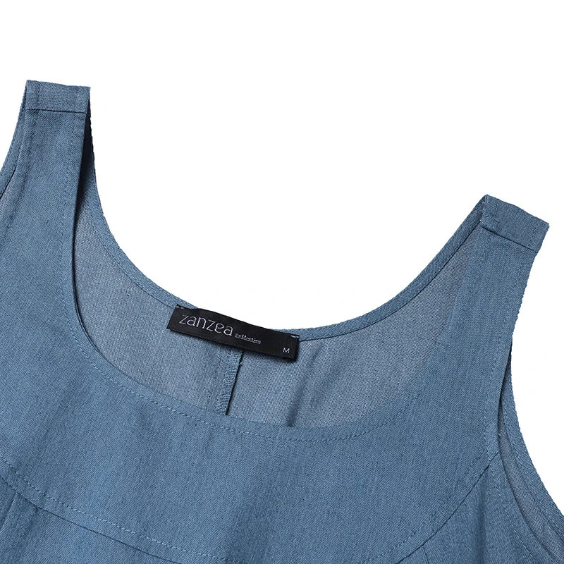 (image for)  Women Fashion Denim Overalls Dress Summer Sleeveless Casual Loose Sundress Solid Color Maxi Dress With Pockets