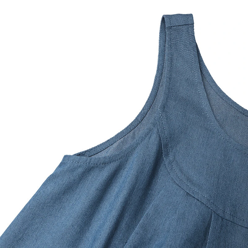 (image for)  Women Fashion Denim Overalls Dress Summer Sleeveless Casual Loose Sundress Solid Color Maxi Dress With Pockets