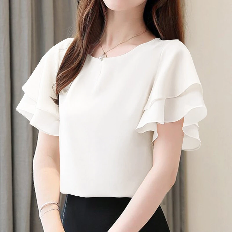 (image for)  Women Fashion Short Sleeve Ruffles Blouse Elegant Office OL Shirt Casual O Neck Solid Tops