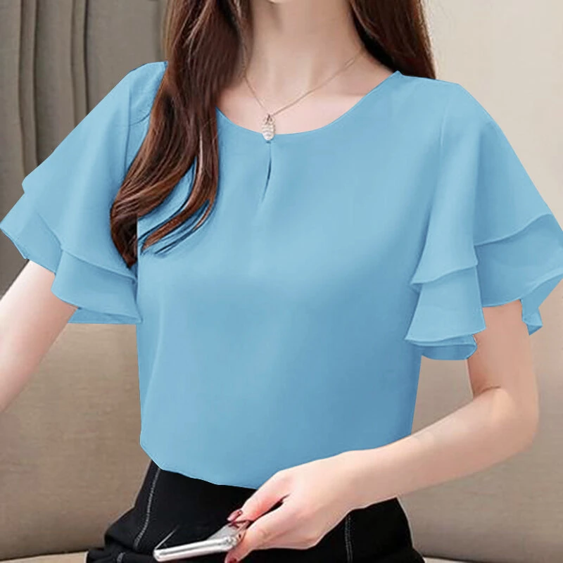 (image for)  Women Fashion Short Sleeve Ruffles Blouse Elegant Office OL Shirt Casual O Neck Solid Tops