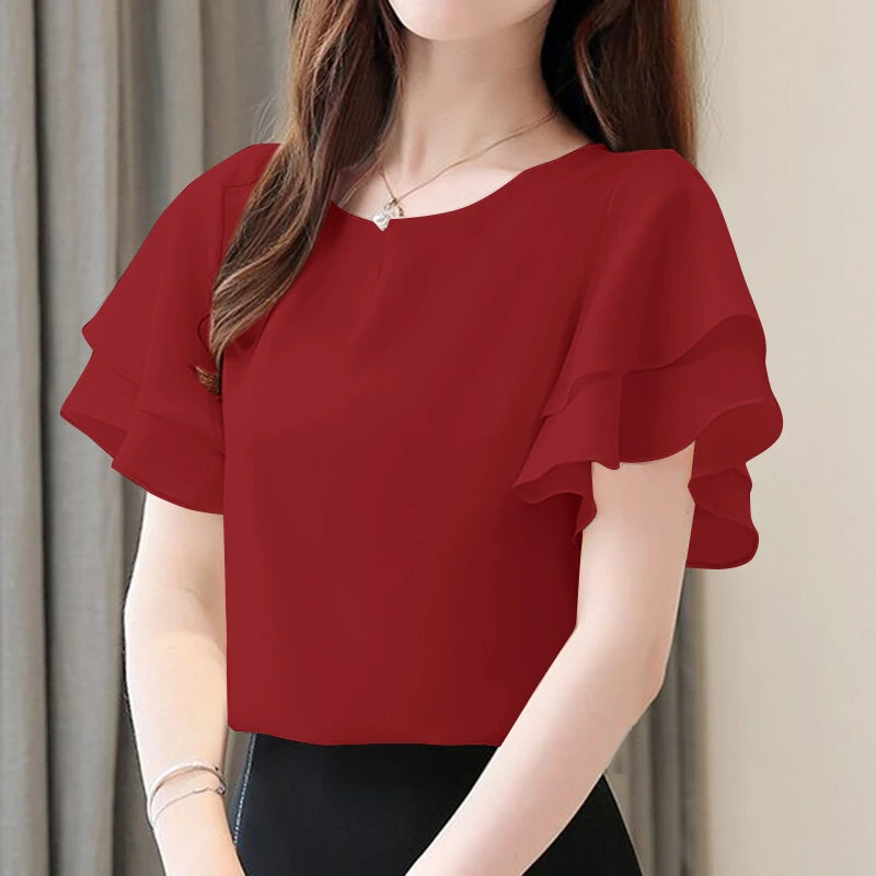 (image for)  Women Fashion Short Sleeve Ruffles Blouse Elegant Office OL Shirt Casual O Neck Solid Tops