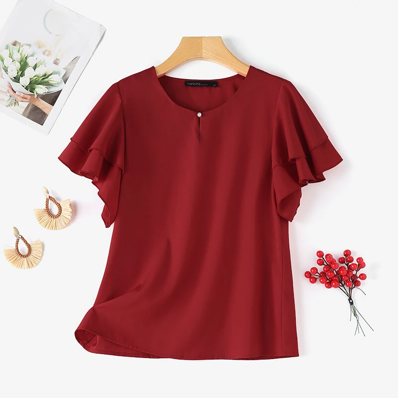 (image for)  Women Fashion Short Sleeve Ruffles Blouse Elegant Office OL Shirt Casual O Neck Solid Tops