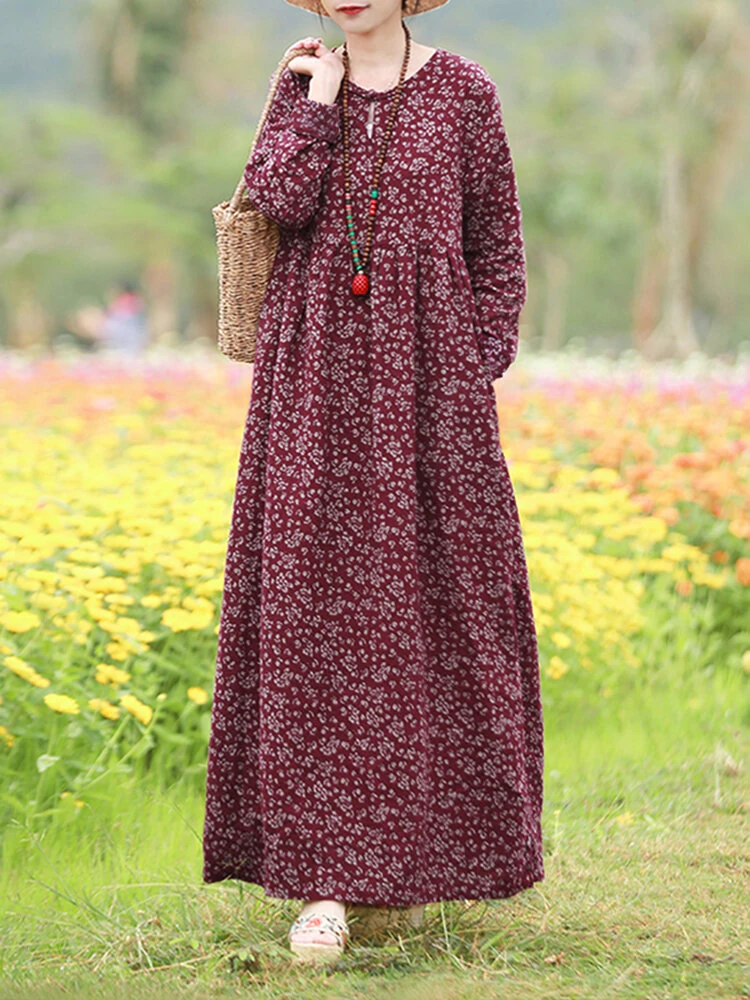 (image for)  Women Floral Print O-Neck Long Sleeve Bohemian Holiday Maxi Dress With Pocket
