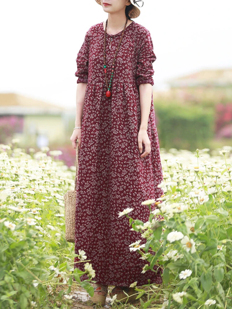 (image for)  Women Floral Print O-Neck Long Sleeve Bohemian Holiday Maxi Dress With Pocket
