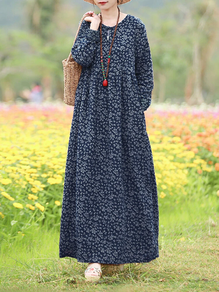 (image for)  Women Floral Print O-Neck Long Sleeve Bohemian Holiday Maxi Dress With Pocket