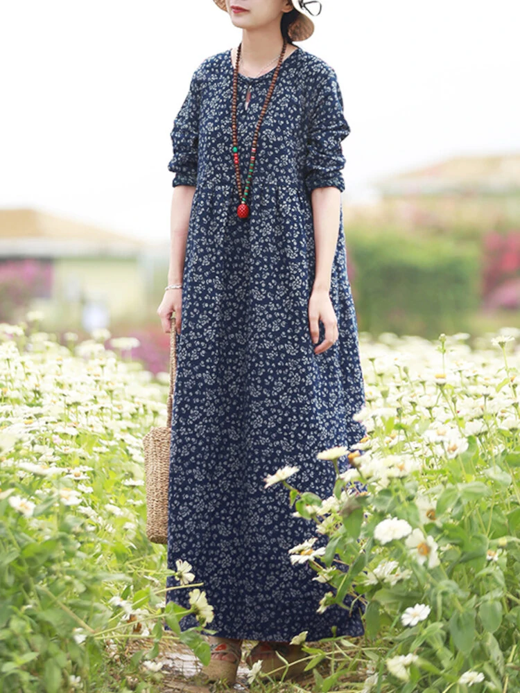 (image for)  Women Floral Print O-Neck Long Sleeve Bohemian Holiday Maxi Dress With Pocket