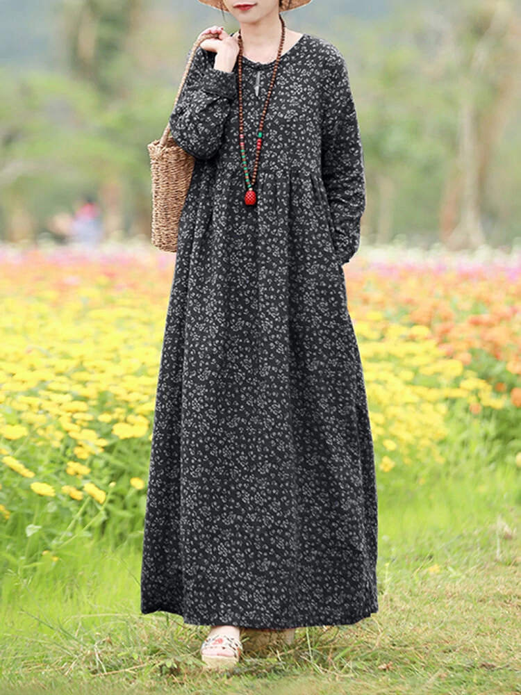 (image for)  Women Floral Print O-Neck Long Sleeve Bohemian Holiday Maxi Dress With Pocket
