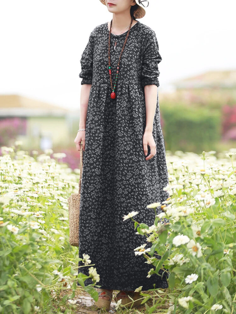 (image for)  Women Floral Print O-Neck Long Sleeve Bohemian Holiday Maxi Dress With Pocket