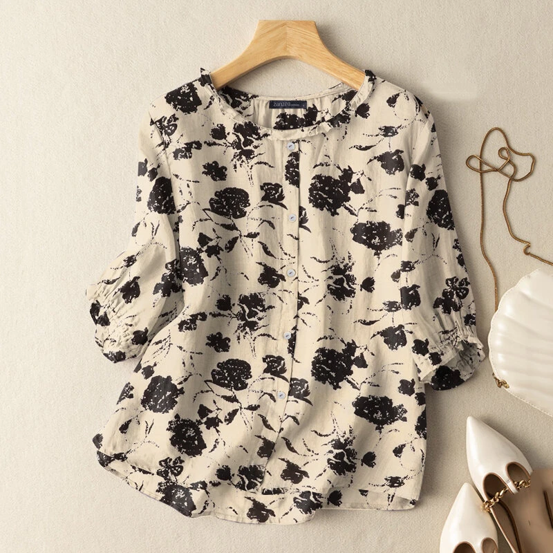 (image for)  Women Flowers Print Shirt Ruffled stand-up Collar Design Vintage Blouse Medium-length Sleeve Plus Size Blouse Tops for Women