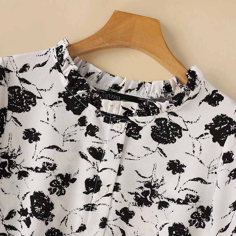 (image for)  Women Flowers Print Shirt Ruffled stand-up Collar Design Vintage Blouse Medium-length Sleeve Plus Size Blouse Tops for Women