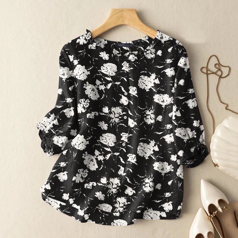 (image for)  Women Flowers Print Shirt Ruffled stand-up Collar Design Vintage Blouse Medium-length Sleeve Plus Size Blouse Tops for Women