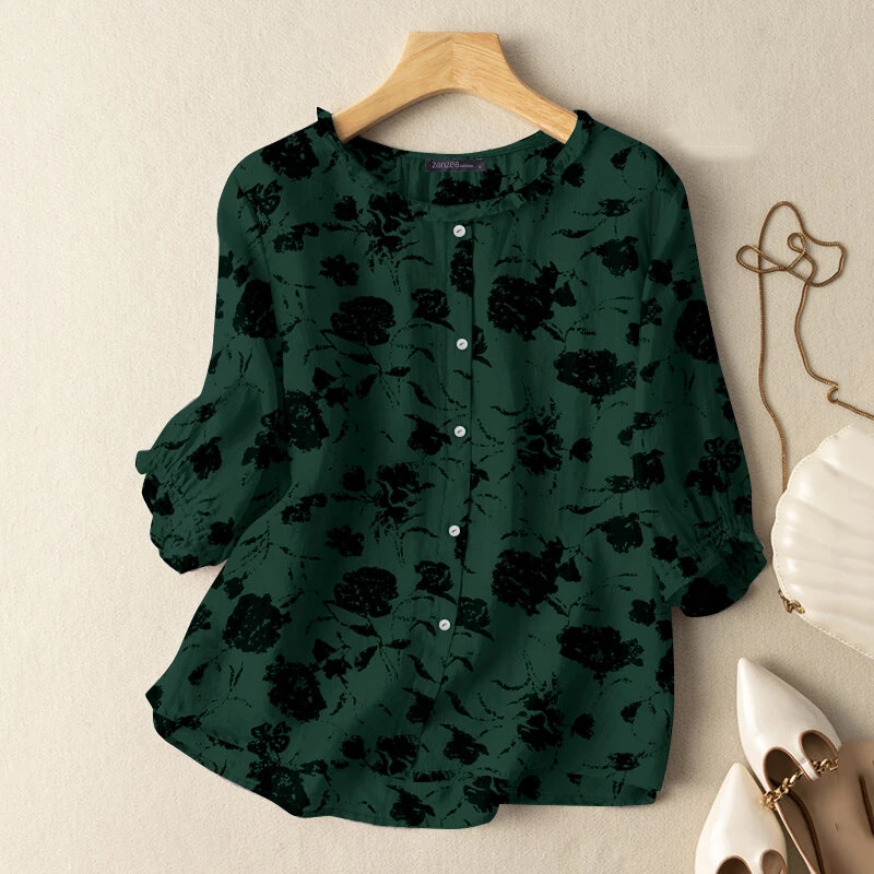 (image for)  Women Flowers Print Shirt Ruffled stand-up Collar Design Vintage Blouse Medium-length Sleeve Plus Size Blouse Tops for Women