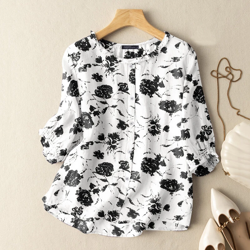 (image for)  Women Flowers Print Shirt Ruffled stand-up Collar Design Vintage Blouse Medium-length Sleeve Plus Size Blouse Tops for Women
