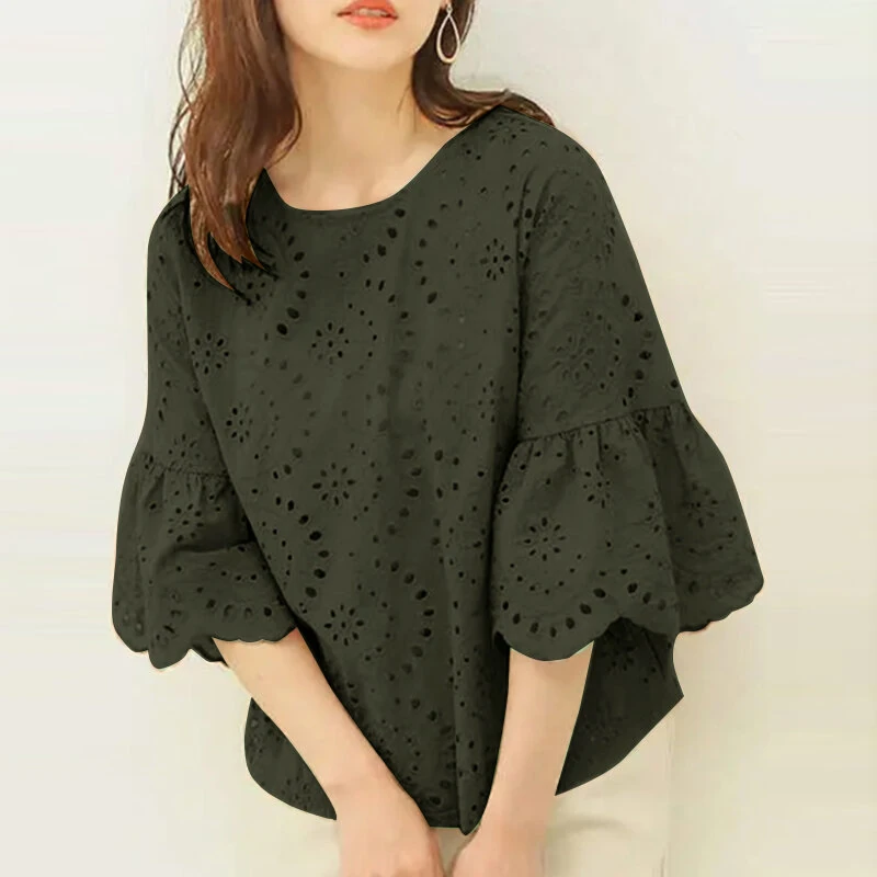 (image for)  Women Korean Casual Shirt Daily Embroidery Hollow Ruffle Sleeve Blouses