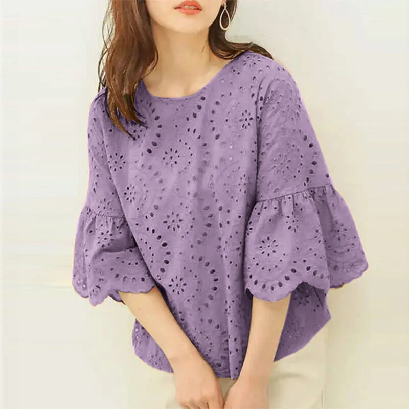 (image for)  Women Korean Casual Shirt Daily Embroidery Hollow Ruffle Sleeve Blouses