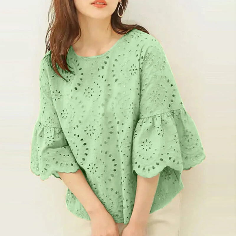 (image for)  Women Korean Casual Shirt Daily Embroidery Hollow Ruffle Sleeve Blouses