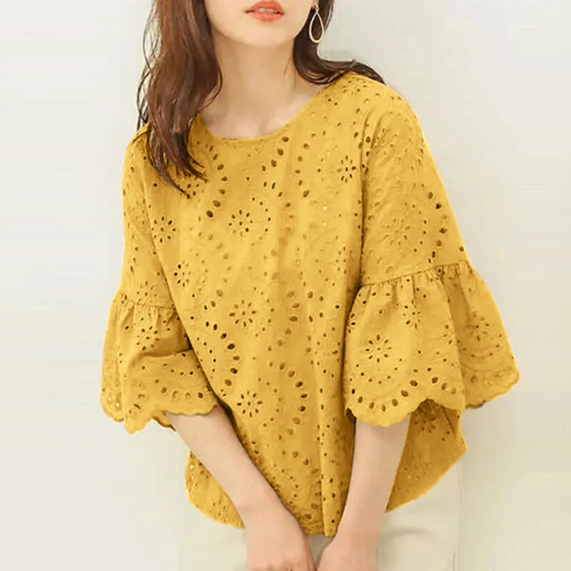 (image for)  Women Korean Casual Shirt Daily Embroidery Hollow Ruffle Sleeve Blouses