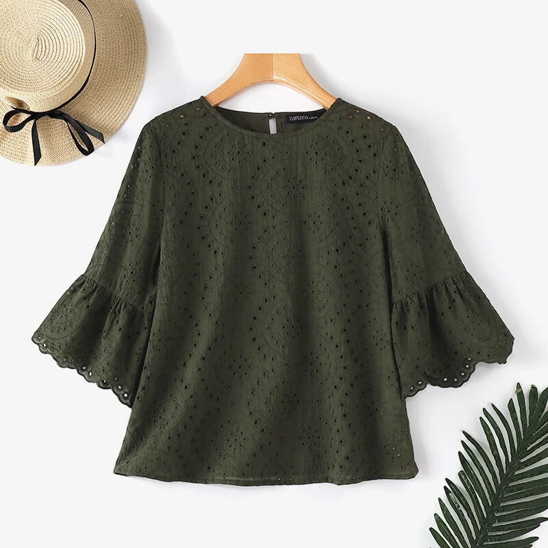 (image for)  Women Korean Casual Shirt Daily Embroidery Hollow Ruffle Sleeve Blouses