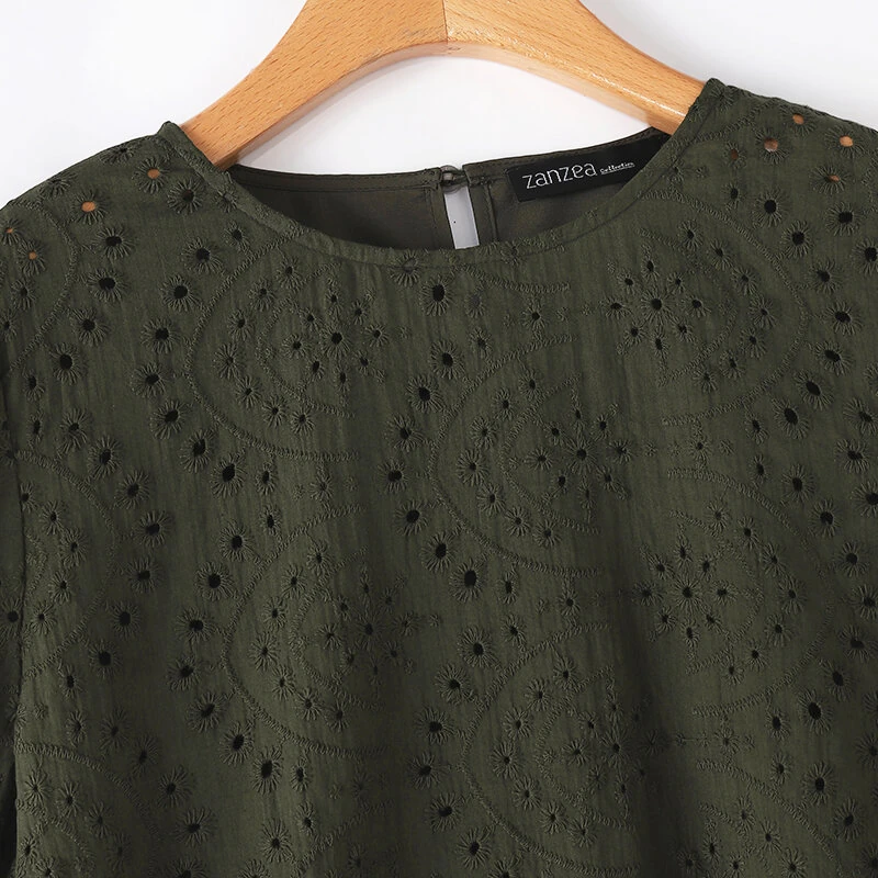 (image for)  Women Korean Casual Shirt Daily Embroidery Hollow Ruffle Sleeve Blouses
