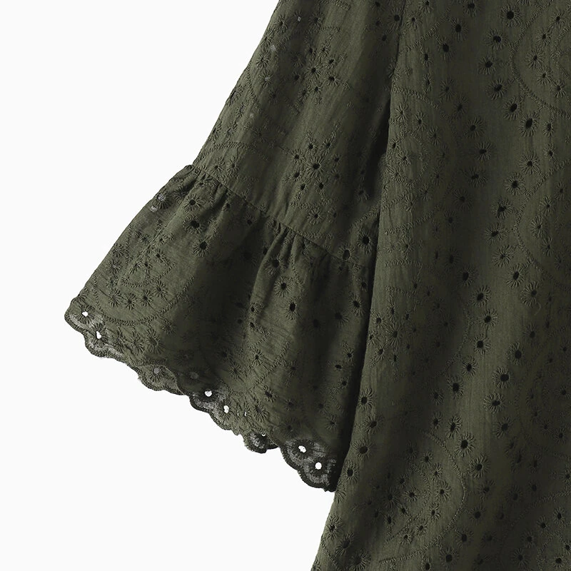 (image for)  Women Korean Casual Shirt Daily Embroidery Hollow Ruffle Sleeve Blouses