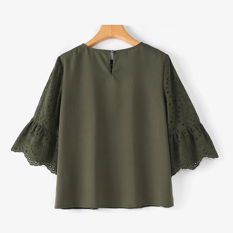 (image for)  Women Korean Casual Shirt Daily Embroidery Hollow Ruffle Sleeve Blouses