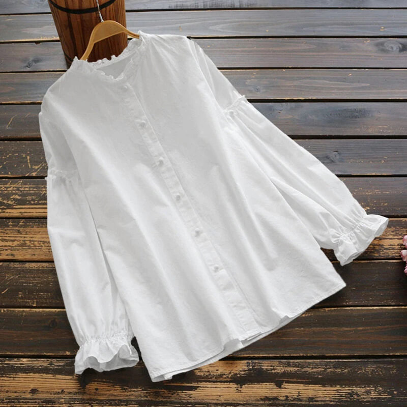 (image for)  Women Long Sleeve Blouse Casual Solid Button Down Shirts Female Cotton Tops Chemise S-5XL, Spring Fall for Women Tops