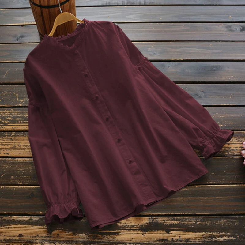 (image for)  Women Long Sleeve Blouse Casual Solid Button Down Shirts Female Cotton Tops Chemise S-5XL, Spring Fall for Women Tops