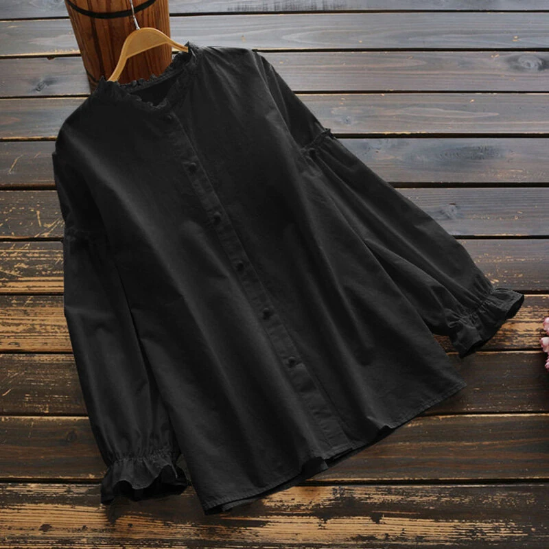 (image for)  Women Long Sleeve Blouse Casual Solid Button Down Shirts Female Cotton Tops Chemise S-5XL, Spring Fall for Women Tops