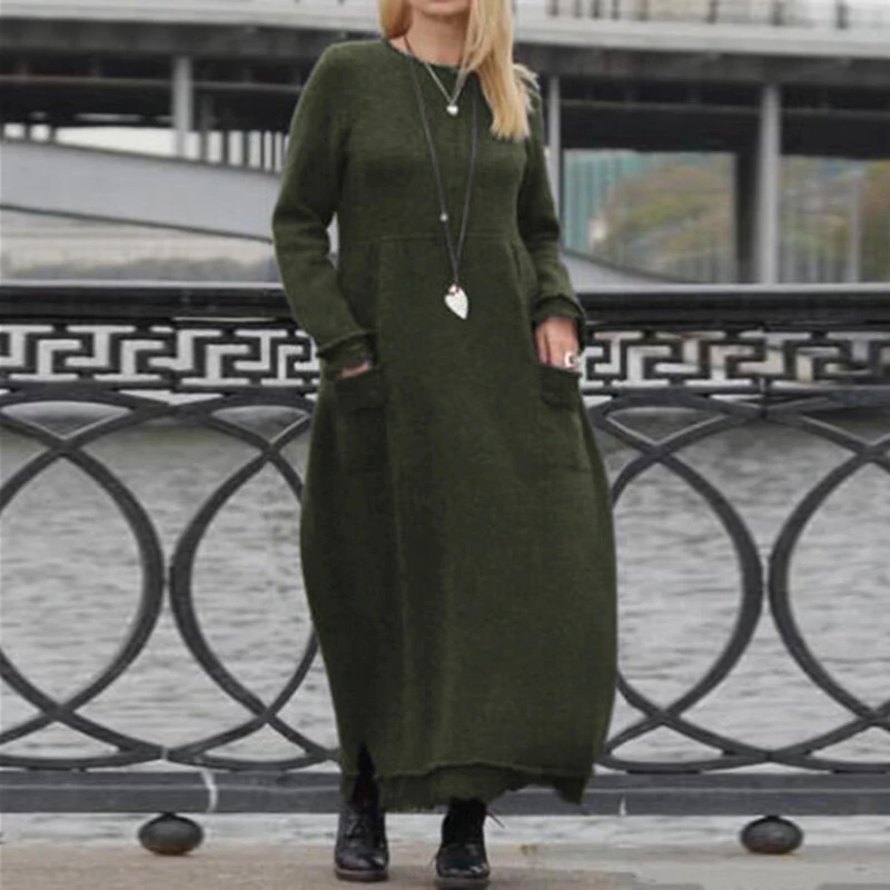 (image for)  Women Long Sleeved Long Dress with Side Pockets Lace Patchwork Casual Long Maxi Dress for Spring Fall
