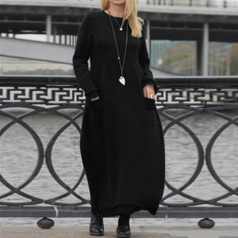 (image for)  Women Long Sleeved Long Dress with Side Pockets Lace Patchwork Casual Long Maxi Dress for Spring Fall