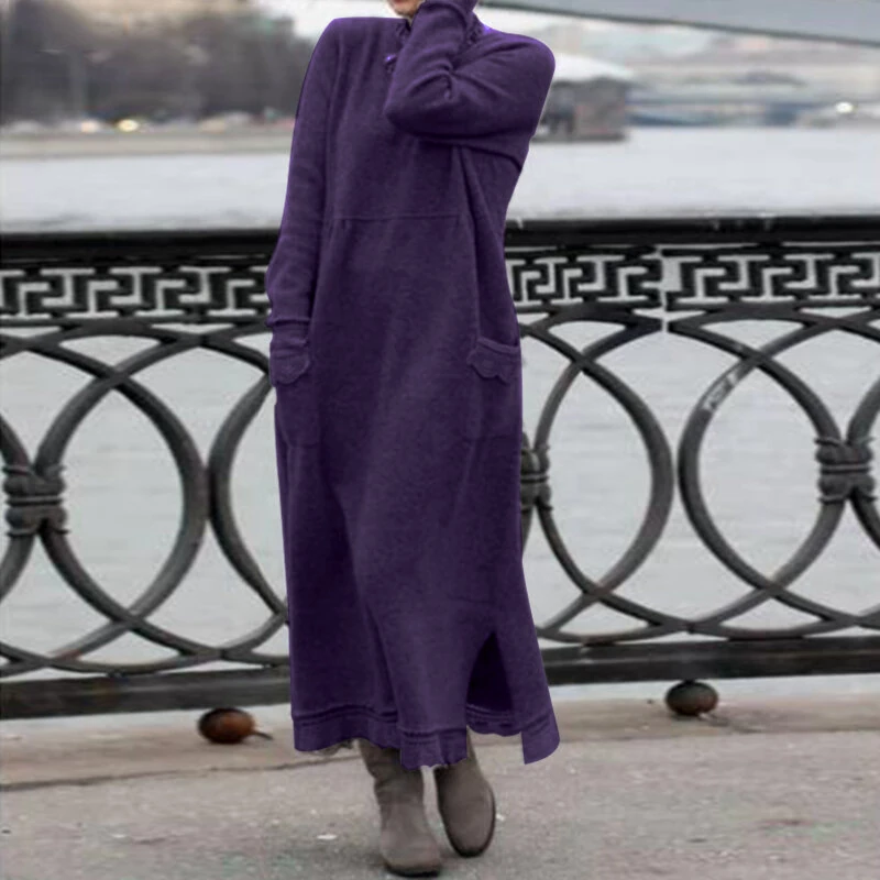 (image for)  Women Long Sleeved Long Dress with Side Pockets Lace Patchwork Casual Long Maxi Dress for Spring Fall