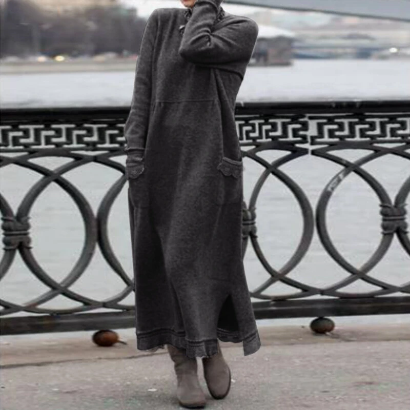 (image for)  Women Long Sleeved Long Dress with Side Pockets Lace Patchwork Casual Long Maxi Dress for Spring Fall