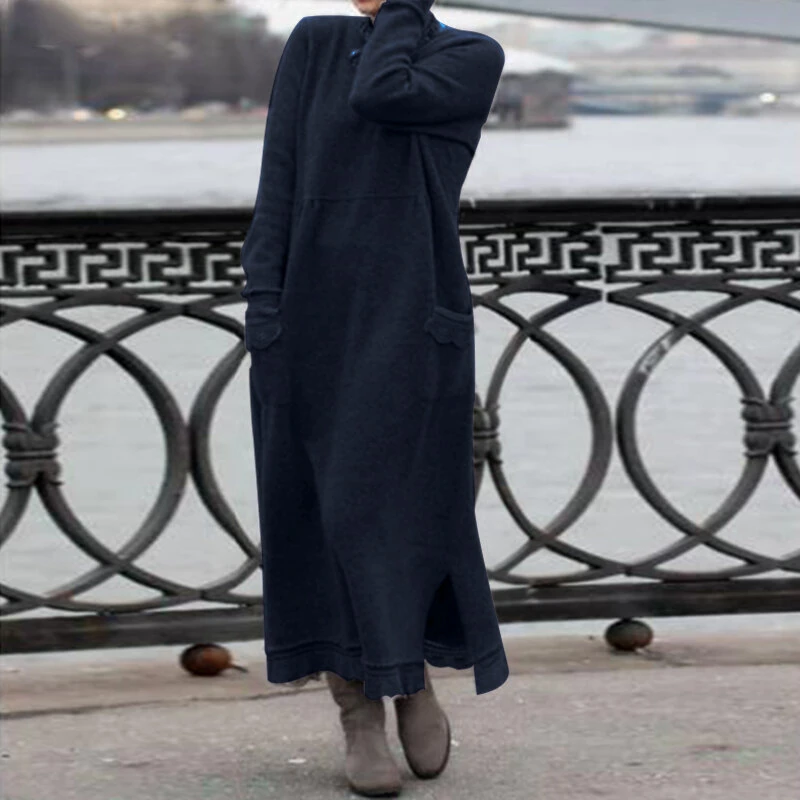(image for)  Women Long Sleeved Long Dress with Side Pockets Lace Patchwork Casual Long Maxi Dress for Spring Fall