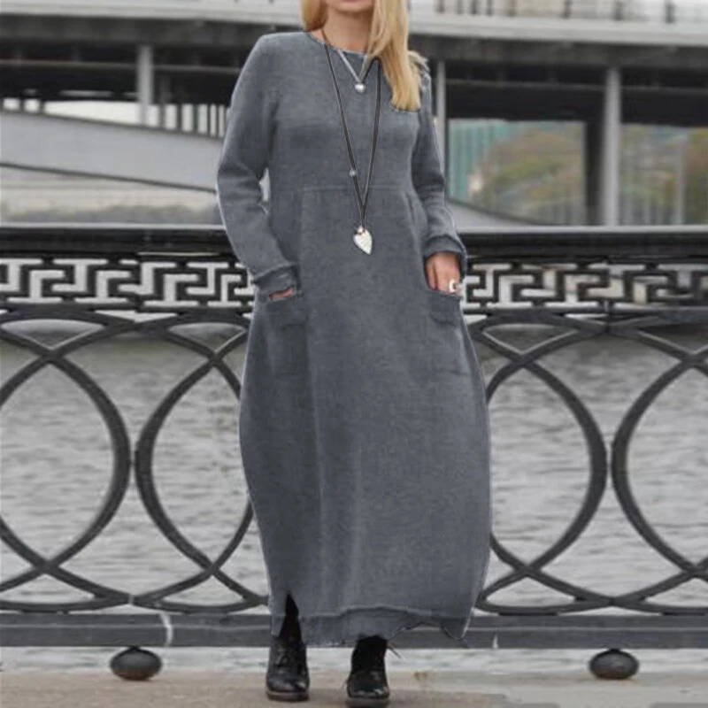 (image for)  Women Long Sleeved Long Dress with Side Pockets Lace Patchwork Casual Long Maxi Dress for Spring Fall