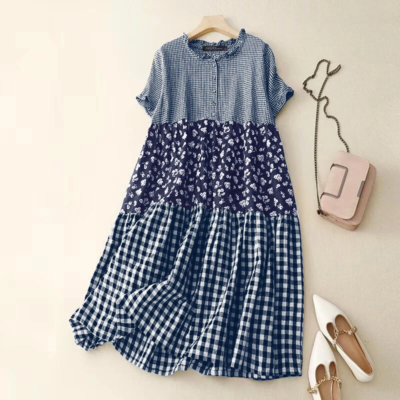 (image for)  Women Loose Patchwork Check Floral Dress Stylish Short Sleeve Pleated Crew Neck Shirt Dress for Women Plus Size