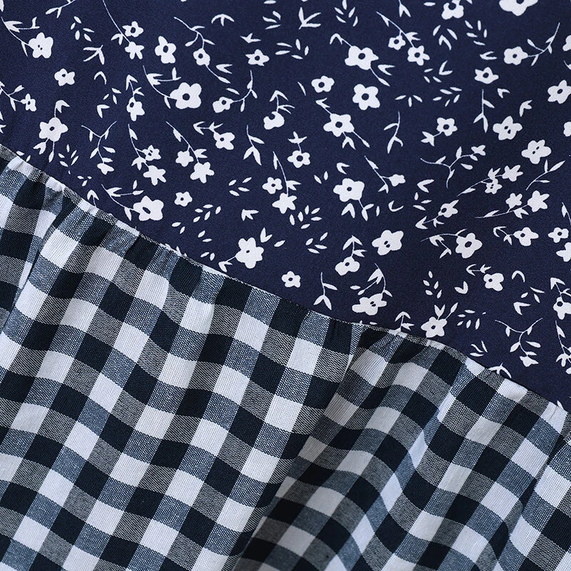 (image for)  Women Loose Patchwork Check Floral Dress Stylish Short Sleeve Pleated Crew Neck Shirt Dress for Women Plus Size
