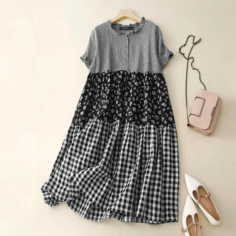 (image for)  Women Loose Patchwork Check Floral Dress Stylish Short Sleeve Pleated Crew Neck Shirt Dress for Women Plus Size