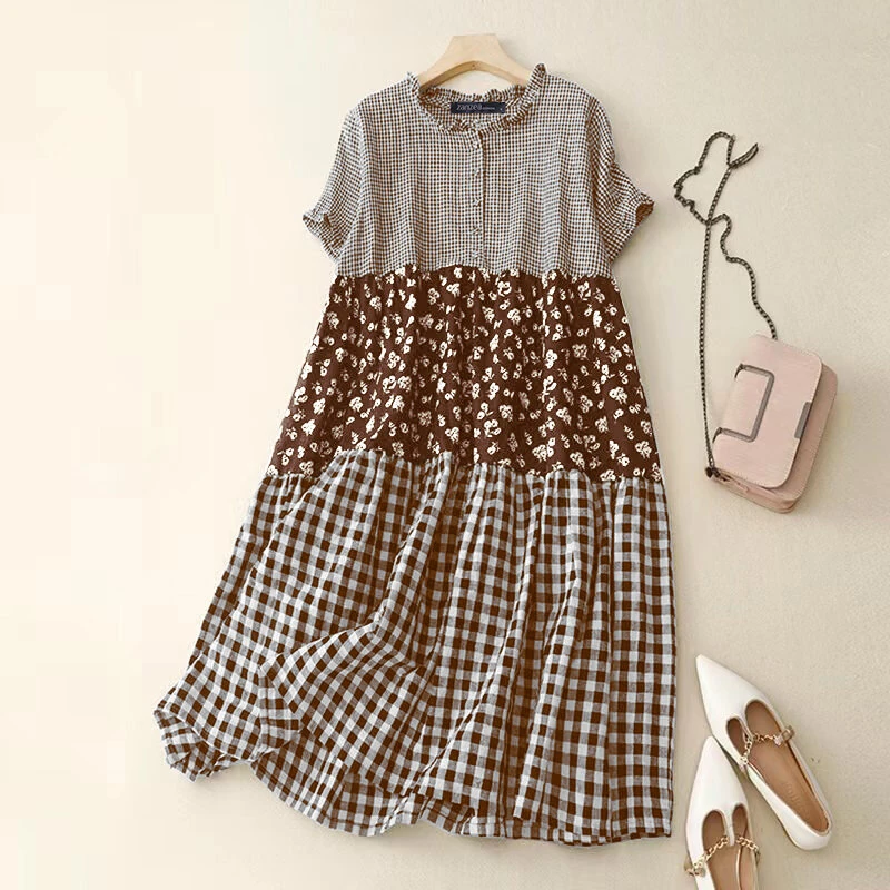 (image for)  Women Loose Patchwork Check Floral Dress Stylish Short Sleeve Pleated Crew Neck Shirt Dress for Women Plus Size