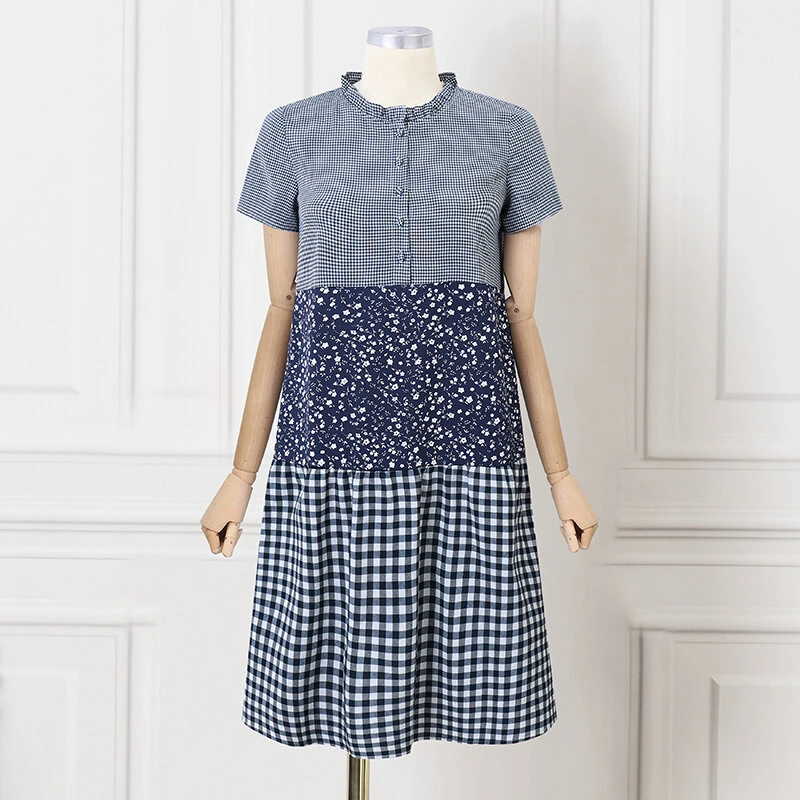 (image for)  Women Loose Patchwork Check Floral Dress Stylish Short Sleeve Pleated Crew Neck Shirt Dress for Women Plus Size
