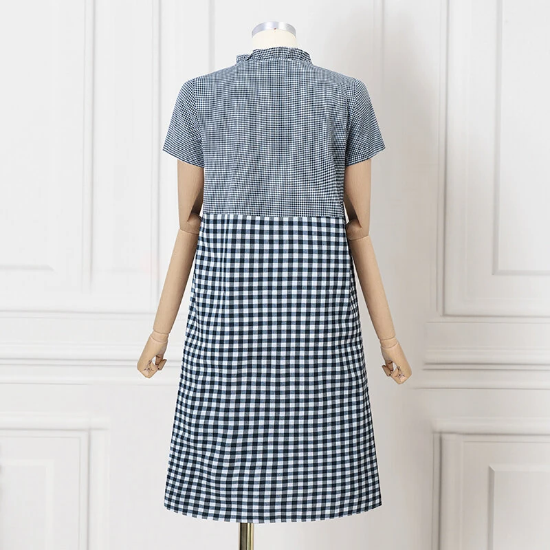 (image for)  Women Loose Patchwork Check Floral Dress Stylish Short Sleeve Pleated Crew Neck Shirt Dress for Women Plus Size